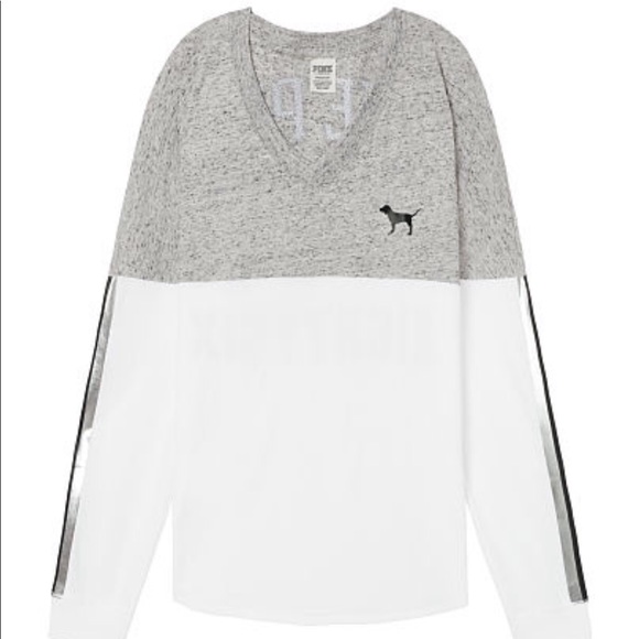 VS PINK SEQUIN BLING VARSITY VNECK LONG SLEEVE TEE - Picture 3 of 4